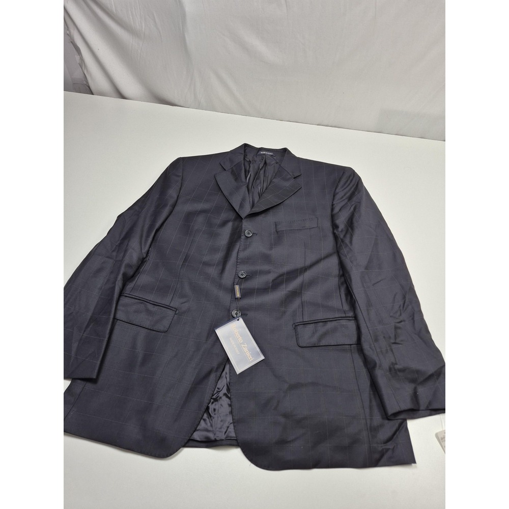 Roberto Zanieri Suit Jacket Mens 44R Blue Super 140s Wool Check Italy NWT FLAW